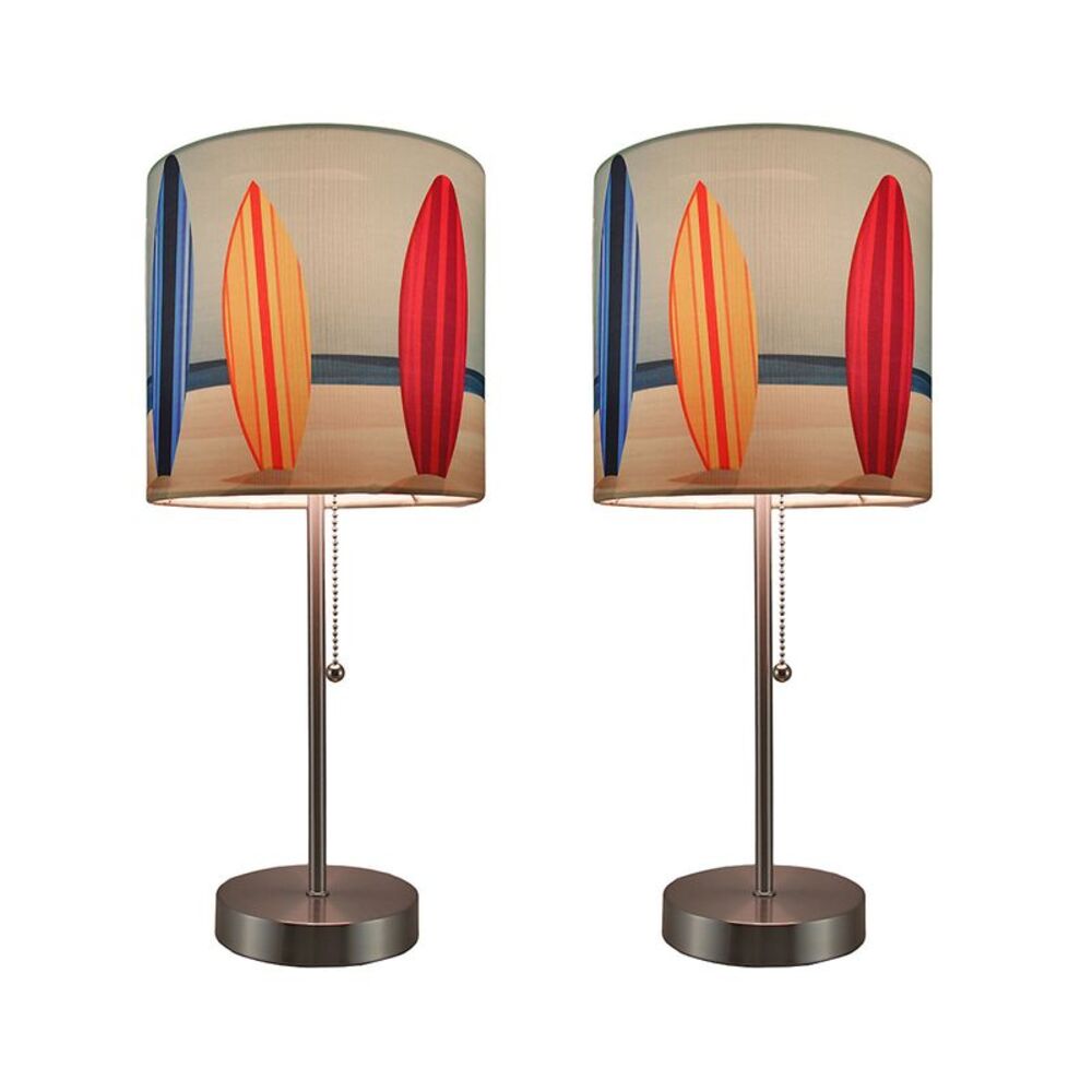 Set of 2 Stainless Steel Table Lamps w/ Decorative Surfboard Shades